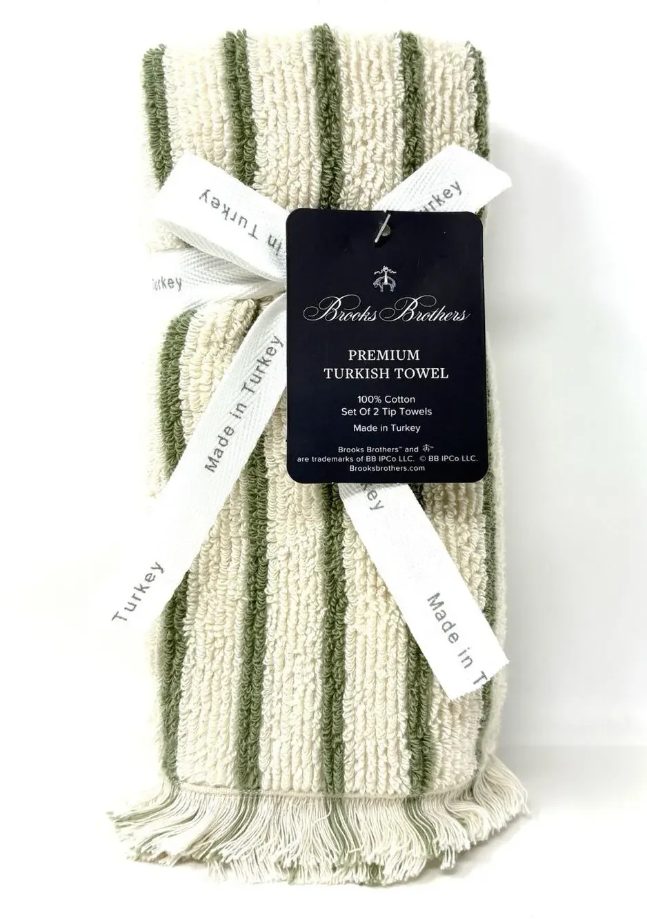 Brooks Brothers Turkish Cotton Green Stripe Fingertip Towels Fringe Tip